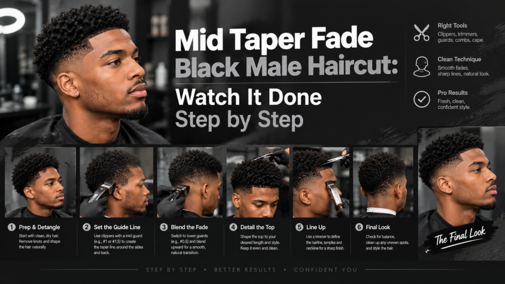 Mid Taper Fade Black Male Haircut Watch It Done Step by Step