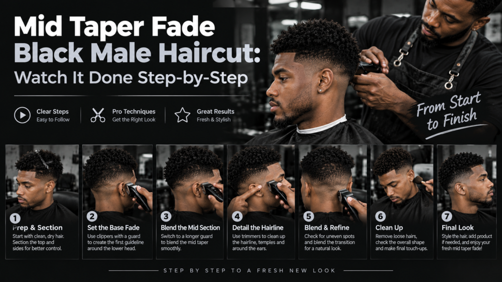 Mid Taper Fade Black Male Haircut Watch It Done Step-by-Step